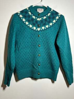 VTG Skyr Teal Green Fair Isle Yoke Cardigan Shetland Wool Sweater Hearts 34 S